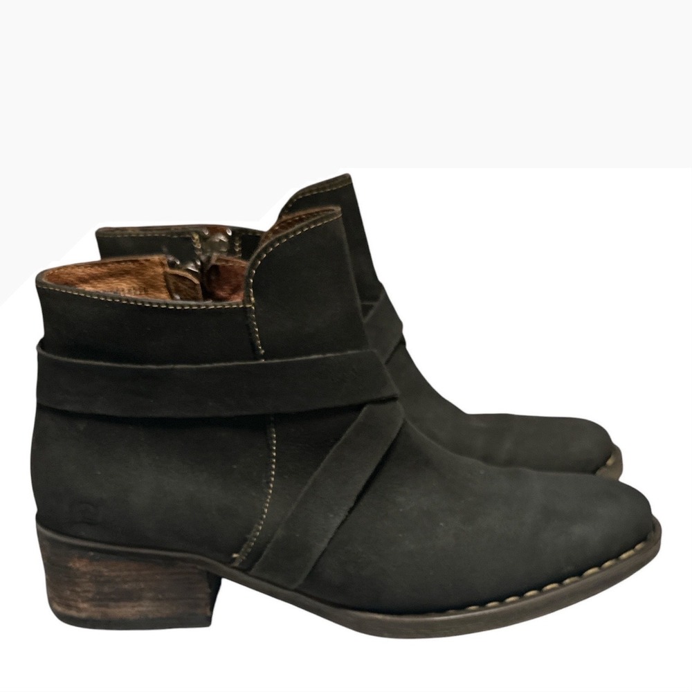Born Mico Dark Brown Nubuck Leather Ankle Boots Side Zip Womens 9.5 M/Wr